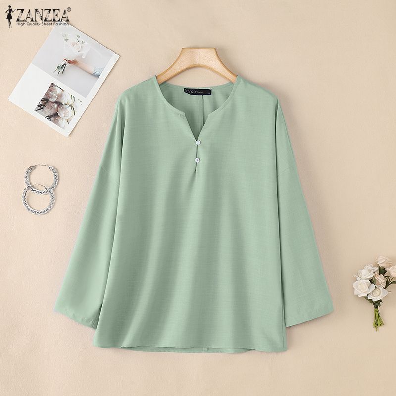 ZANZEA Moteriški laisvalaikio V formos iškirptės vienspalviai 3/4 rankovių marškiniai