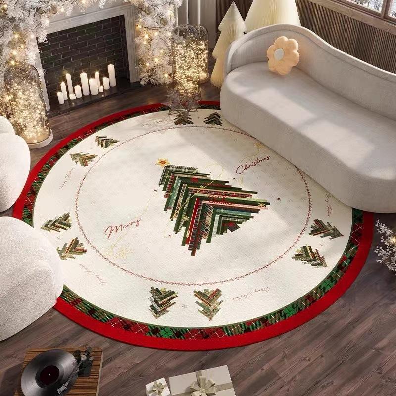Christmas Red Plaid Snowflake Carpet Non-slip Mat Rug for Christmas Tree Living Room Home Decoration Easy Clean Bedroom Decor