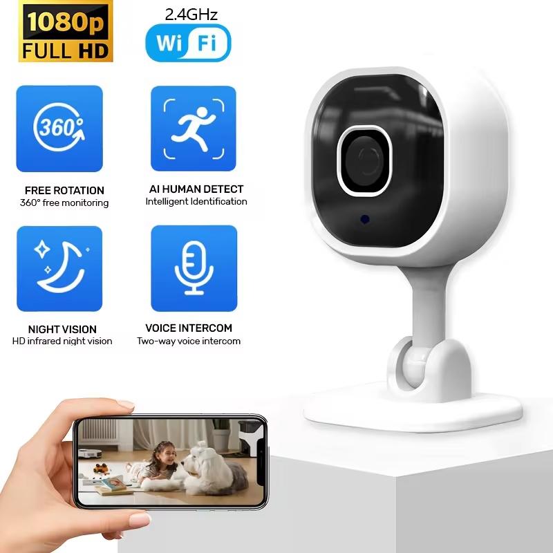 Kompaktná interiérová plug-in inteligentná bezpečnostná kamera, 1080p HD video, nočné videnie, detekcia pohybu, obojsmerný zvuk, jednoduché nastavenie, spolupracuje s Alexa