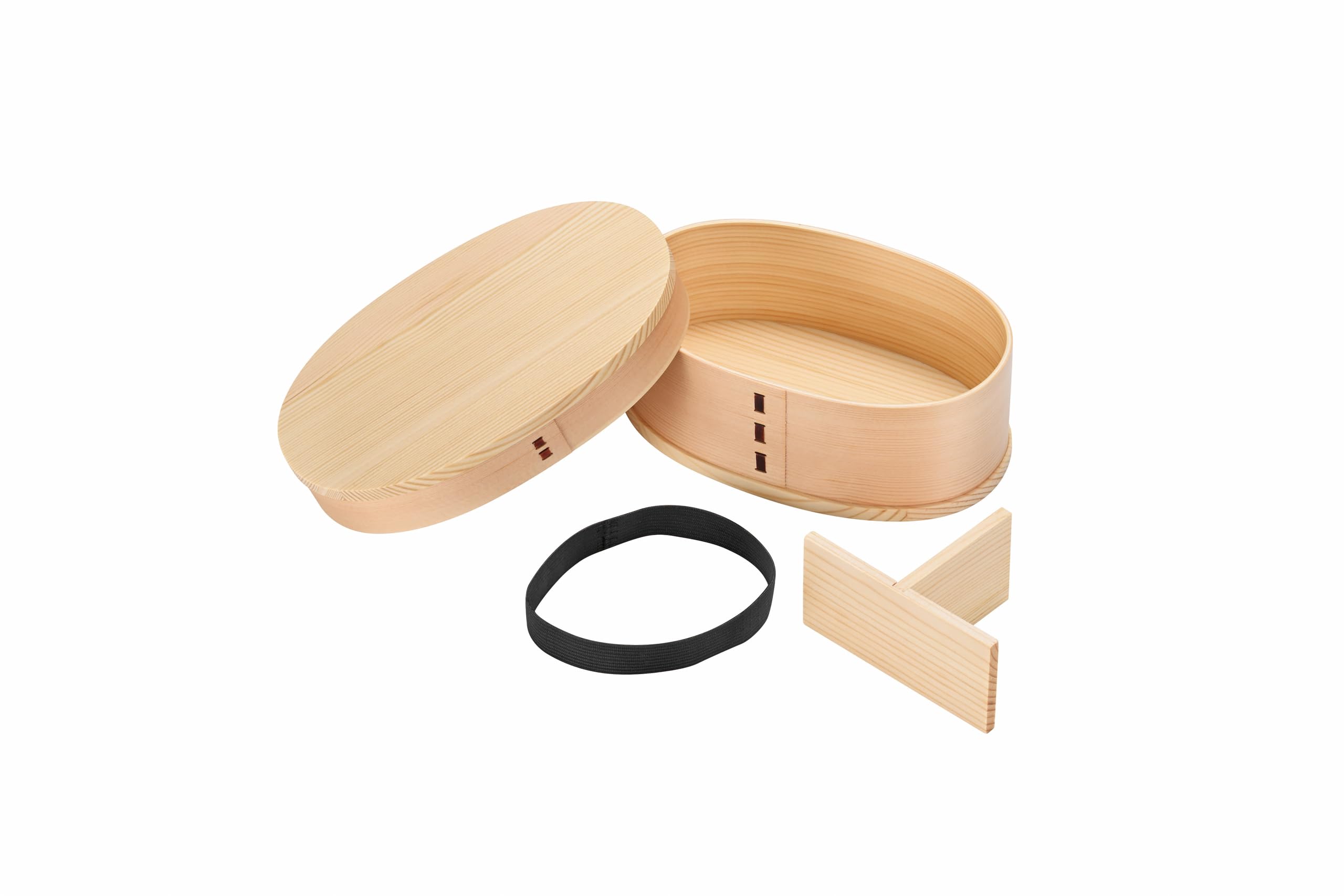 Small bento box made of natural with divider and elastic wood, band.