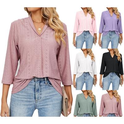 New Women's Fall Clothes, V-neck Jacquard Tops, Medium-sleeved T-shirts