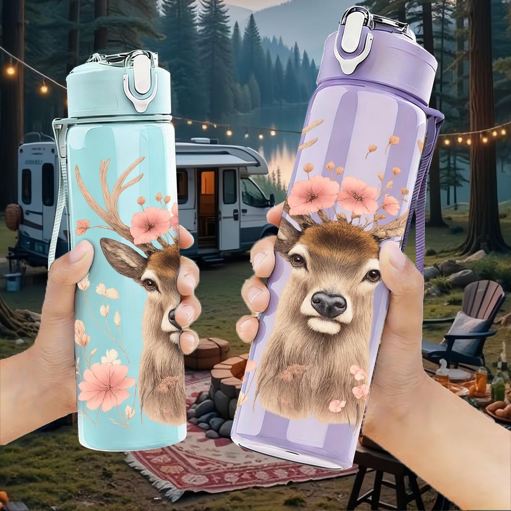 1PC Floral Deer Pattern 750ml Color Plastic Sports Water Bottle Leakproof Flip Straw Lid Suitable for Sports Office Home Use