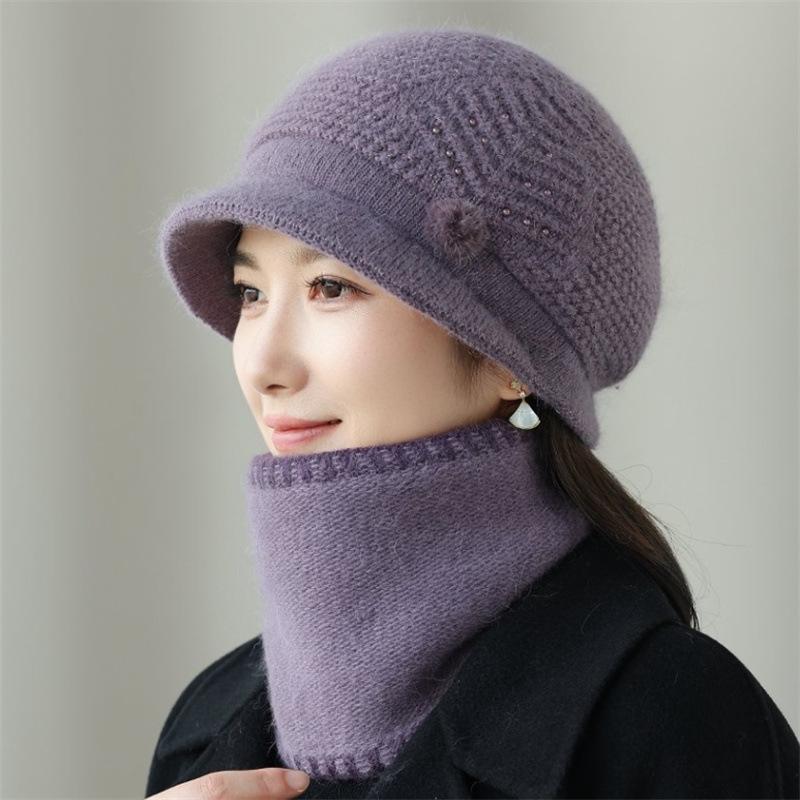 Knitted Bucket Hat Women's Autumn and Winter Velvet Warm In the Elderly Mother Hat Ear Protection Cold Thickening Foreign Gas Knitting