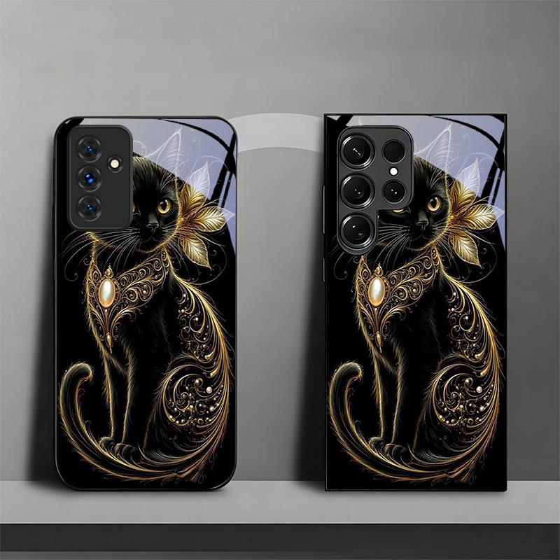 Luxury Jeweled Cat Black Phone Case For Samsung A32 A33 A34 A35 A36 A37 A51 52 52s A53 A54 A55 A56 A57 A71 A72 A73 Glass Cover