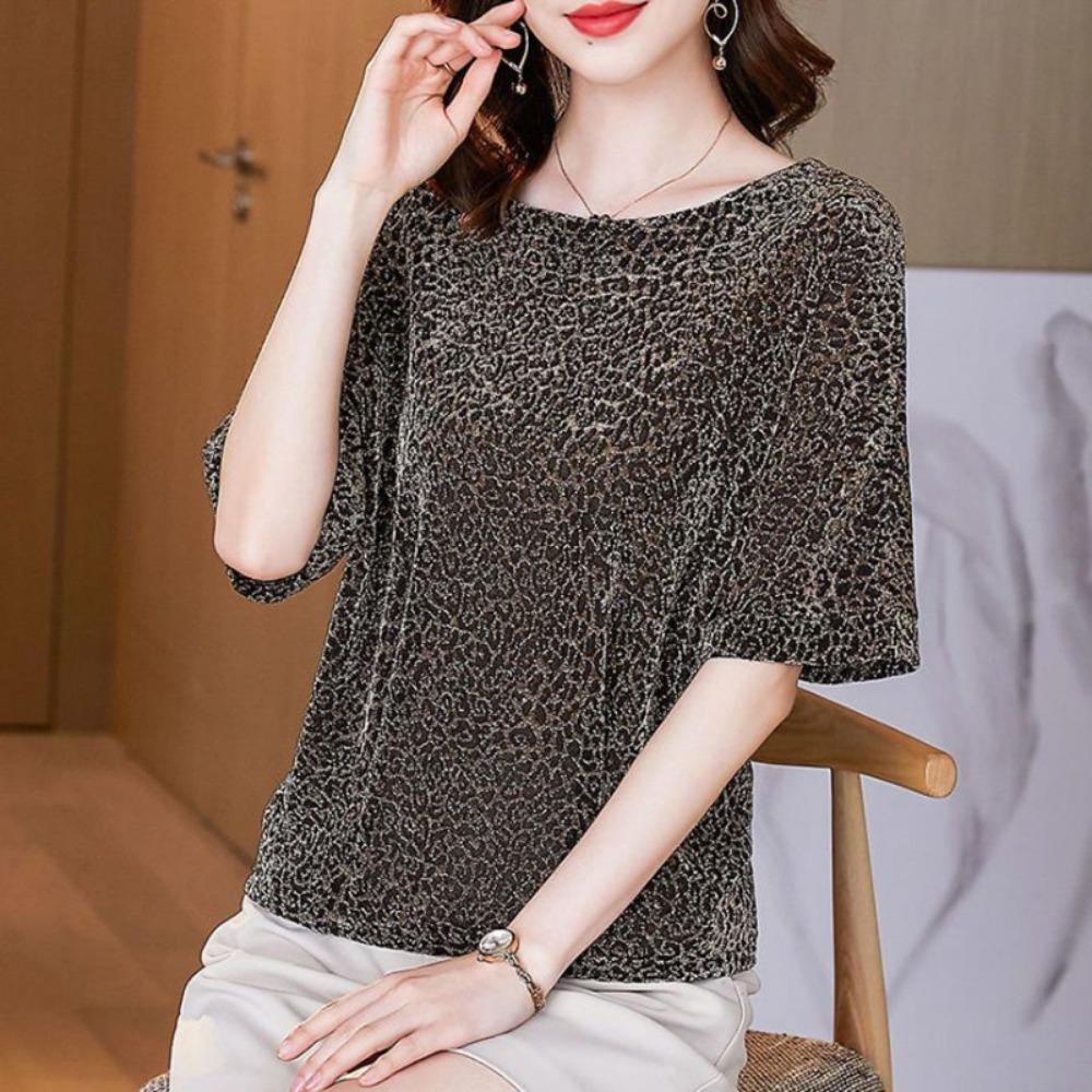 

Мама носит яркую шелковую футболку с коротким рукавом Женщины с большим размером Свободная Универсальная Модная Темпераментная Базовая Футболка XL золотой