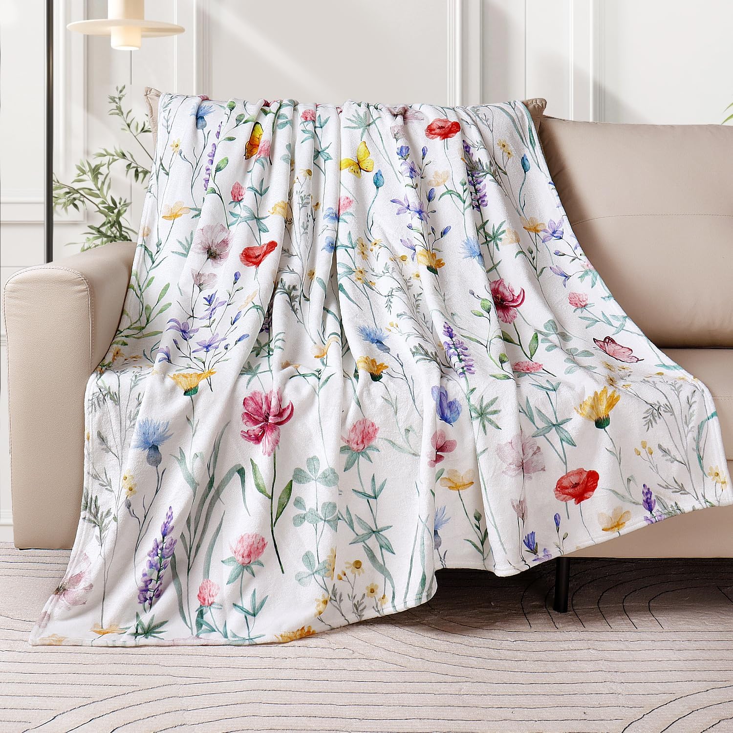 Watercolor Floral Throw Blanket Colorful Wildflower Blankets Botanical Plant Leaf Bed Blanket Flower Butterfly Flannel Fleece 75X95CM