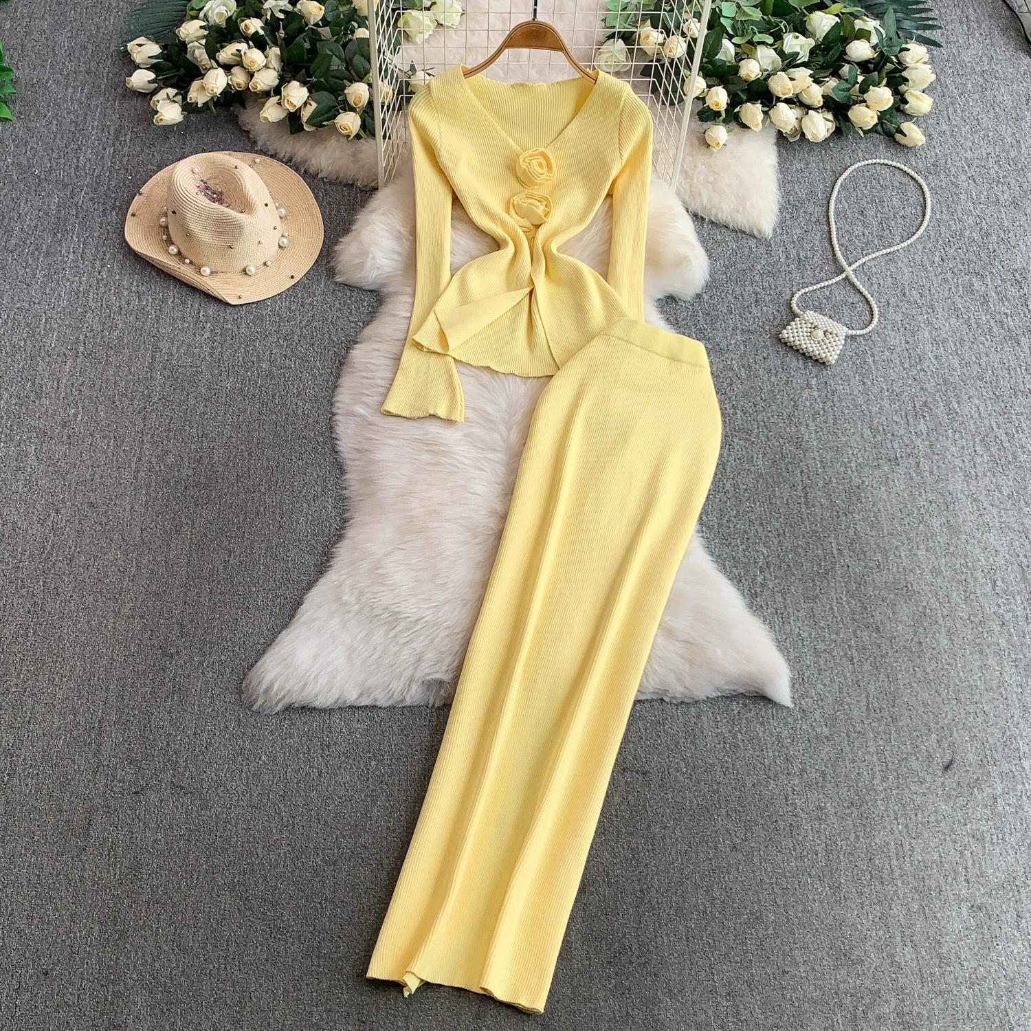 

Весна Осінь Жіночий Елегантний В язаний Светр Офісний Набір з Двох Предметів V-подібний виріз 3D Квітковий Пуловер Топи та Довга Максі Спідниця-Футляр Вбрання One size жовтий