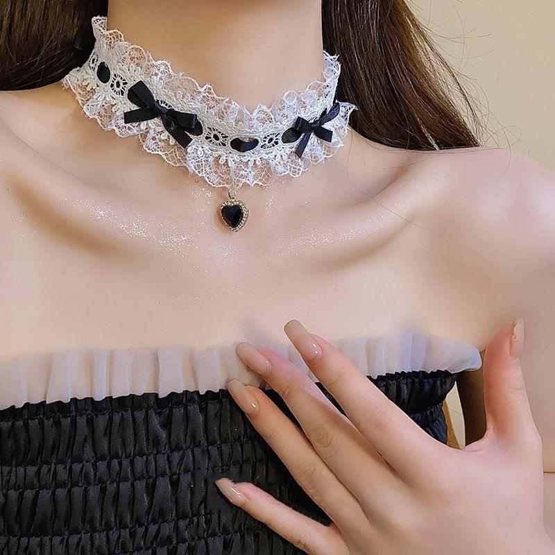 Gargantilha Lolita para Meninas com Pingente de Coração de Amor em Renda e Pedras, Correntes de Colar para Cosplay, Acessórios de Joias Dançantes para Festa de Casamento