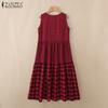 ZANZEA Womens Casual Round Neck Summer Grid Print Sleeveless Dress