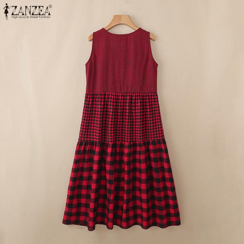 ZANZEA Womens Casual Round Neck Summer Grid Print Sleeveless Dress