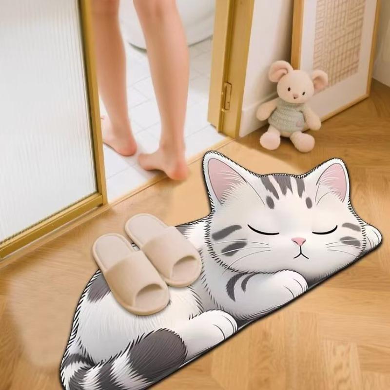Floor Mat Non-Slip Backing Cat Design Easy Maintenance Versatile Rug Living Room Bathroom Kitchen Home Decor