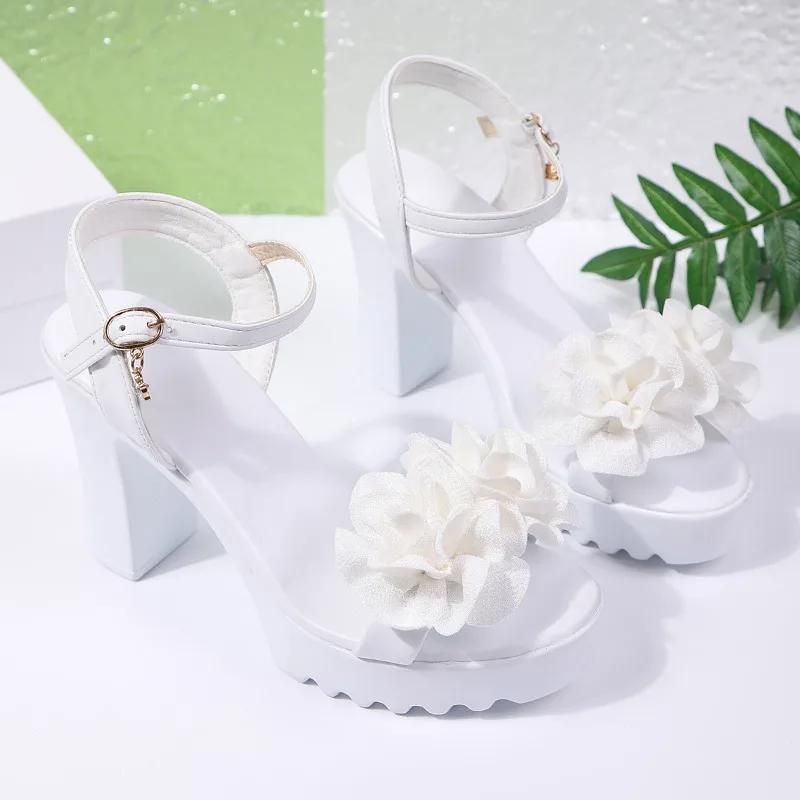 2025 Letnie Sandały na Wysokim Obcasie Damskie Gladiator Odkryte Palce Seksowne Peep Toe Grube Obcasy Buty na Platformie Modne Kwiatowe Damskie Sandały