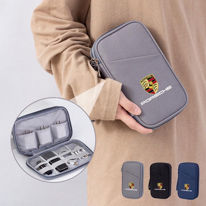 1PC Car Emblem Storage Bag USB Charger Cable Headphones Box for Porsche Panamera Cayenne Taycan 911 718 Macan Carrera-GT 928 968