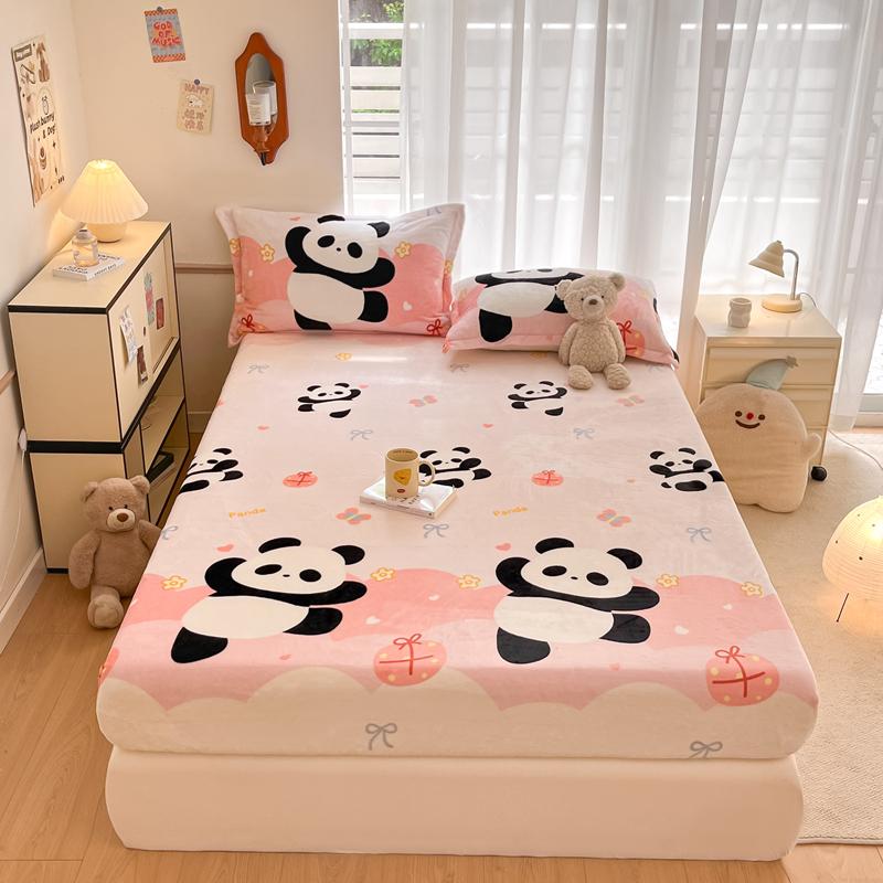 Cute Cartoon Bear Pattern Flannel Fitted Sheet Set Warm Breathable Super Soft Deep Pockets Mattress Cover for Kids Boys Girls