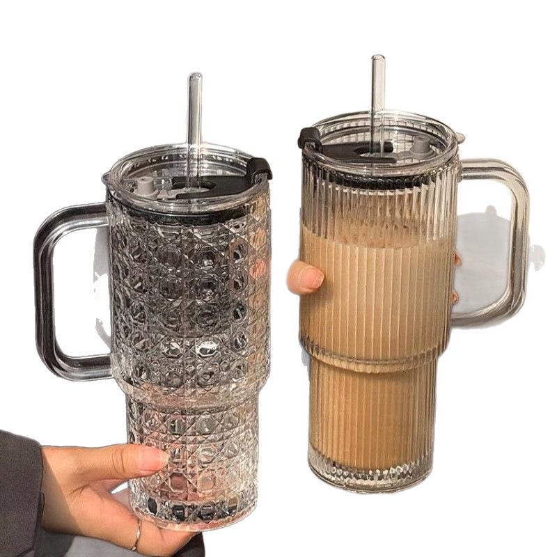 Jumbo Glass Cup with Handle and Lid for Girls: Ideal for Coffee or Water, Featuring Large Capacity and Included Straw