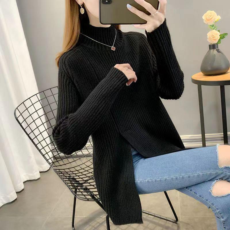 Autumn/Winter Mid Length Sweater Half High Collar Pullover Sweater Women's Knitted Sweater