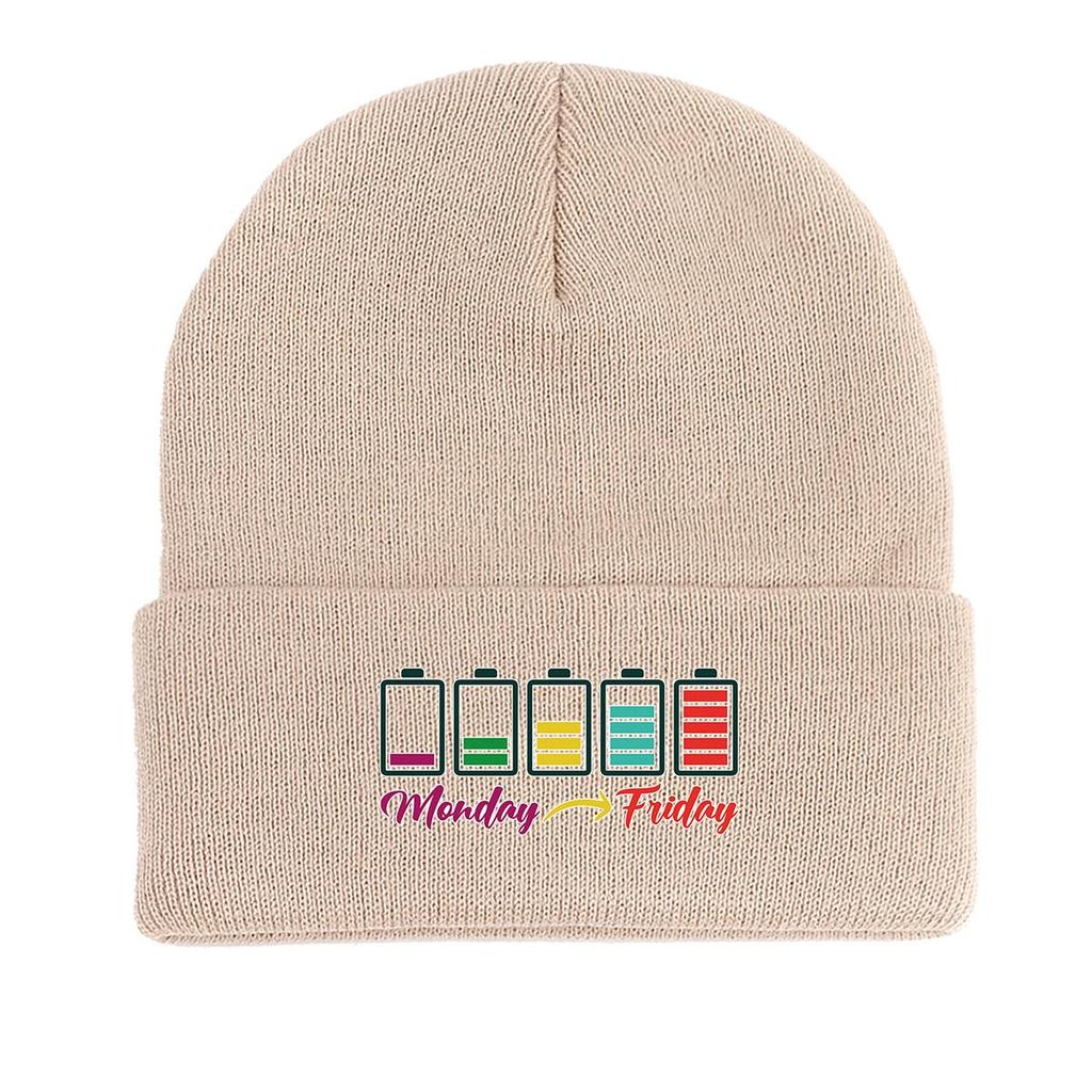 Monday Friday" Battery Print Knit Cap Beanie, Woman Cap Cancer Chemo Cozy Trendy Bobble Hat Knitted Hat Beanie