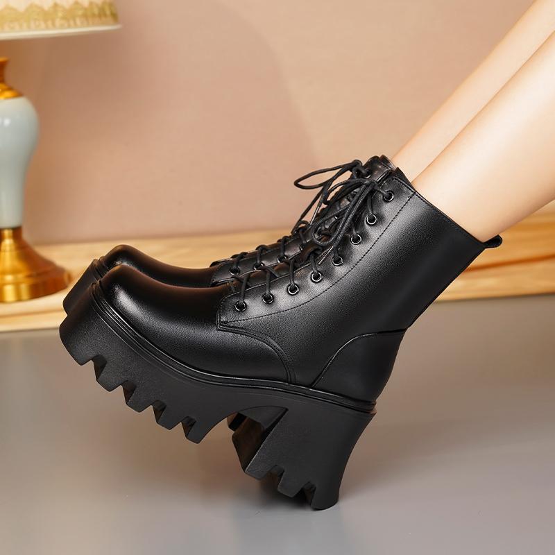 Women Ankle Boots Platform High Heel Genuine Leather Wool Warm Winter Boots Women Lace-up Fashion Biker Boots Women