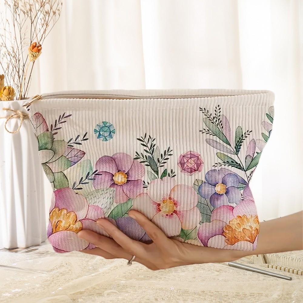 New Portable Floral Cosmetic Bag Corduroy Lightweight Zipper Makeup Organizer Multifunctional Large Capacity Storage Bag Travel