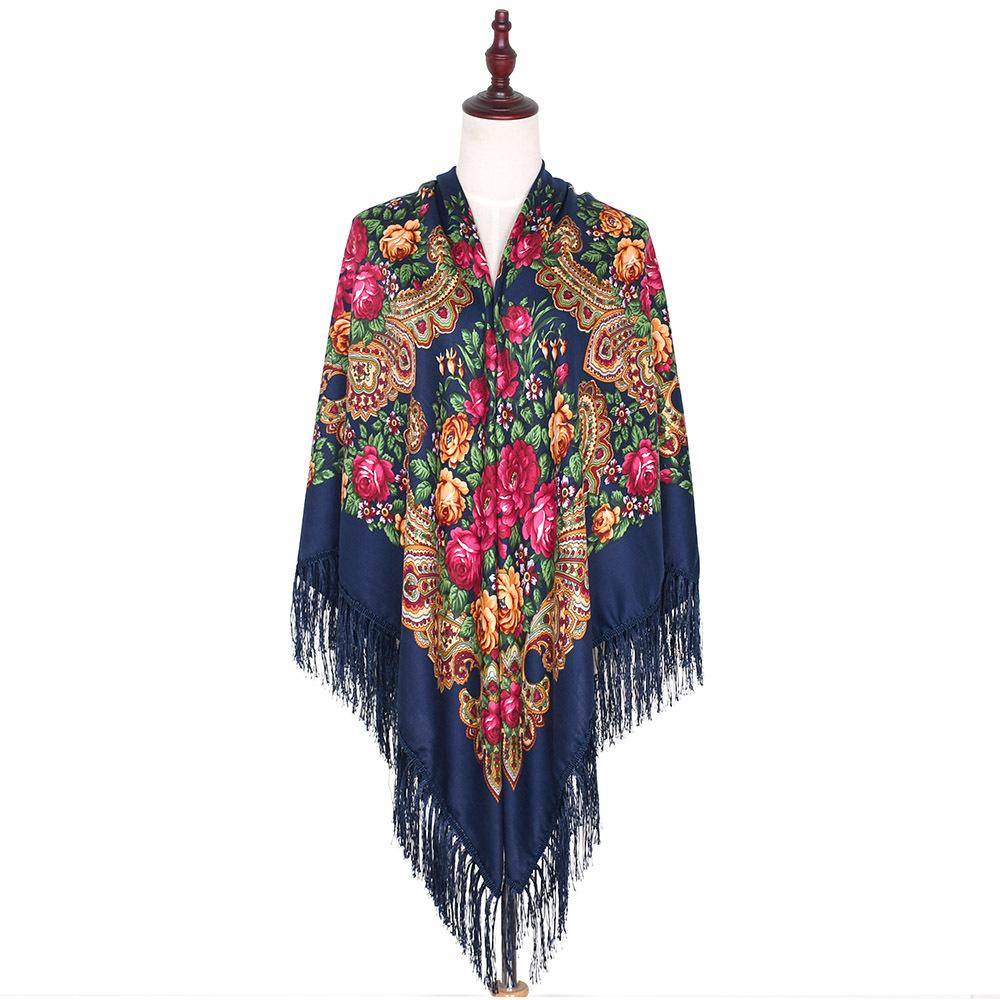 160*160Cm Women Russian National Scarf Lady Tassel Floral Print Headscarf Wraps Babushka Bandana Beach Travel Shade Shawls