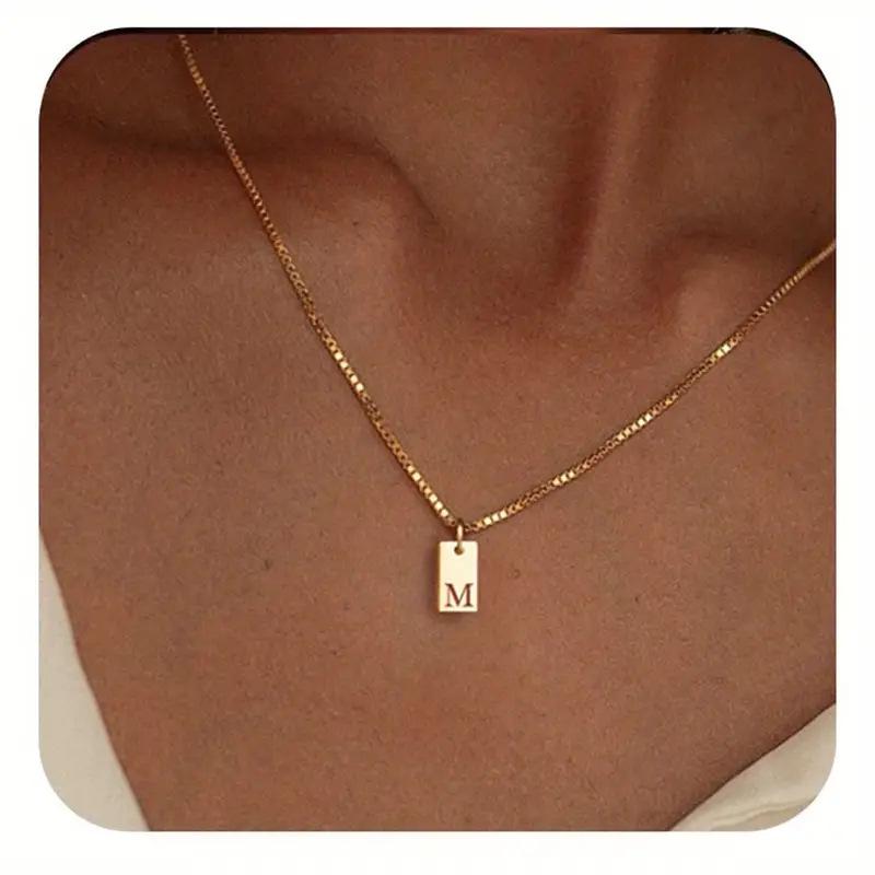 Exclusive 18K Gold Vacuum-Plated Stainless Steel Engraved Square Pendant Necklace with Alphabet Letters