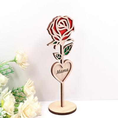 Wood Mama Rose Decoration with Stable Round Base Wooden 3D Carved Rose Flower Desktop Ornament Romantic Mother's Day Gift