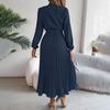 Autumn Winter Women Stand Collar Long Sleeve High Waist A Line Pleated Solid Long Dress Sizes S To XXXL