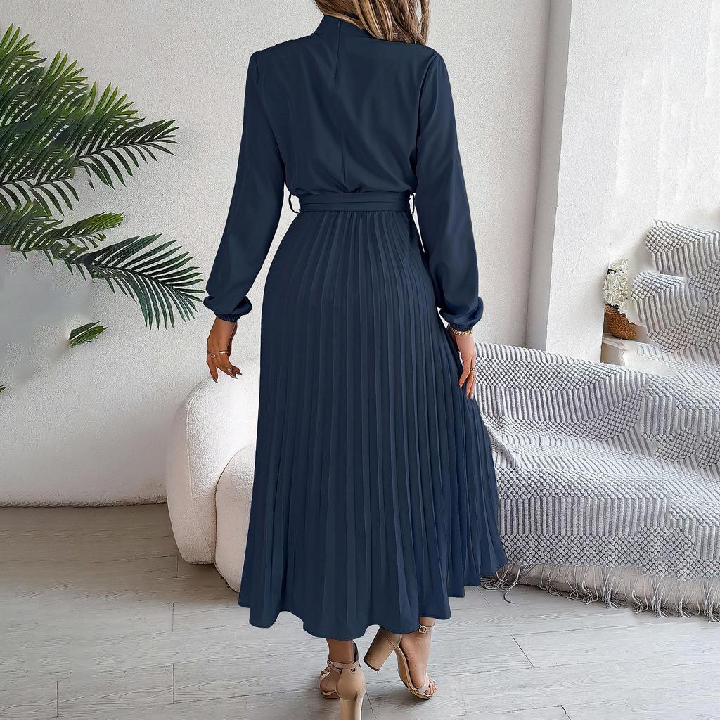 Autumn Winter Women Stand Collar Long Sleeve High Waist A Line Pleated Solid Long Dress Sizes S To XXXL