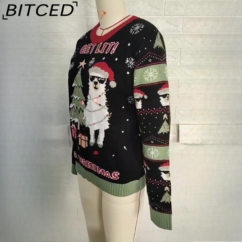 BITCED Pulover supradimensionat cu alpaca jacard și lumini LED pentru toamnă/iarnă, pulover de Crăciun pentru femei