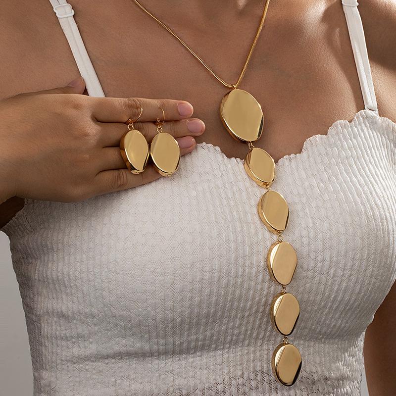 

2Pcs/set Minimalist Ellipse Splice Earrings Necklace for Women Smooth Long Pendant Long Y-Shape Metal Style Jewelry Set