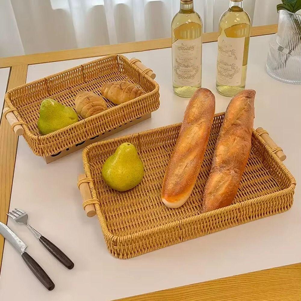 Plastic Rattan Threads Food Serving Tray Wooden Handle Desktop Organizer  Office