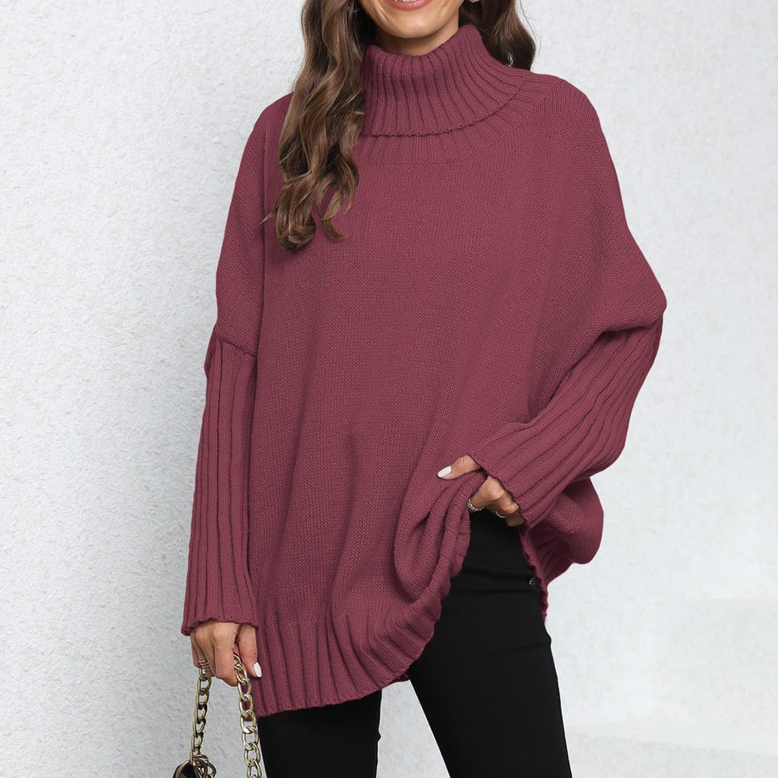 

Women s Long Sleeved Casual Knitted Patchwork High Neck Sweater Top One Size винний