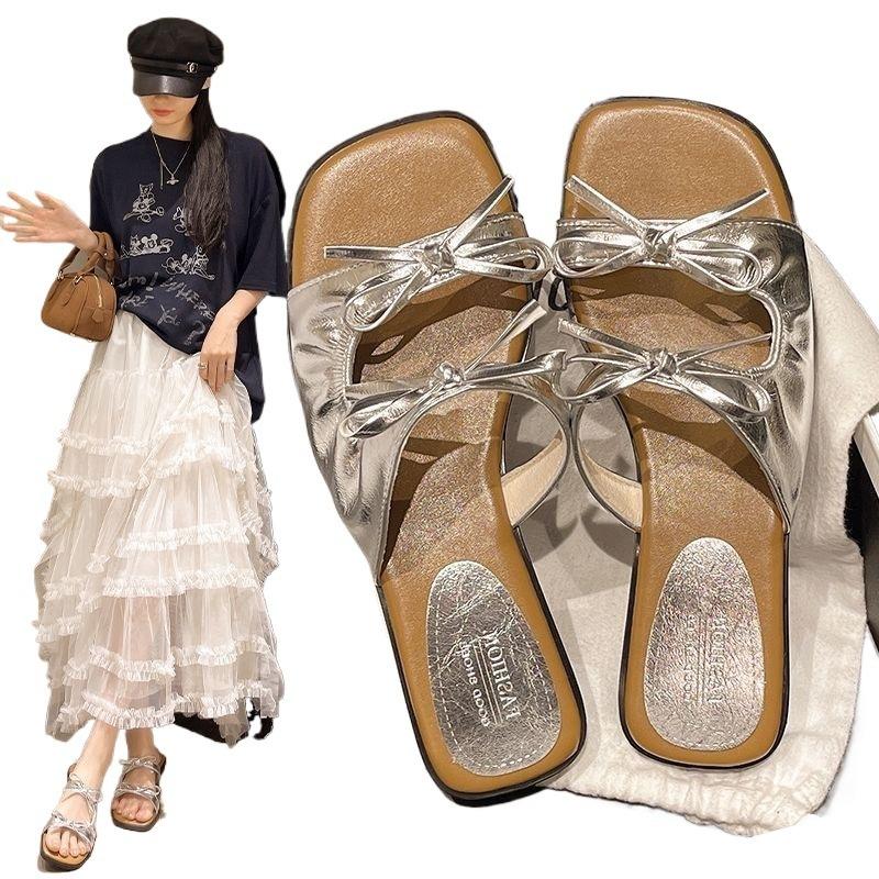 Bow Slippers Women's Summer Wear Fashion Square Head Flat Bottom with Skirt Beautiful Beach Sandals