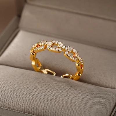 Luxury Zircon Twist Chain Open Rings For Women Stainless Steel Gold Color Geometric Ring Vintage Aesthetic Jewelry Gift Femme
