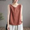 MODIQUE Summer Plus Size New Women's Loose Linen Solid Color Sleeveless Tank Top Ladies Casual Minimalist V-Neck Vest