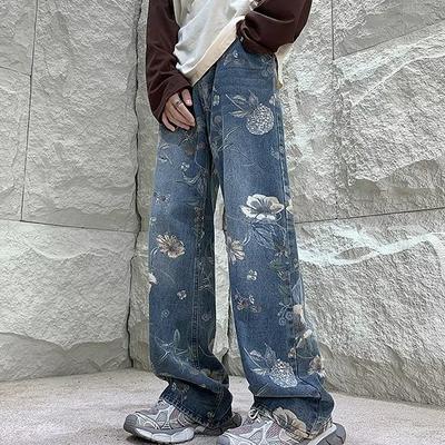 Mens Fashion Printed Jeans Floral Denim Mopping Trousers Korean Style High Street Loose Hip Hop Wide-leg Jean Pants