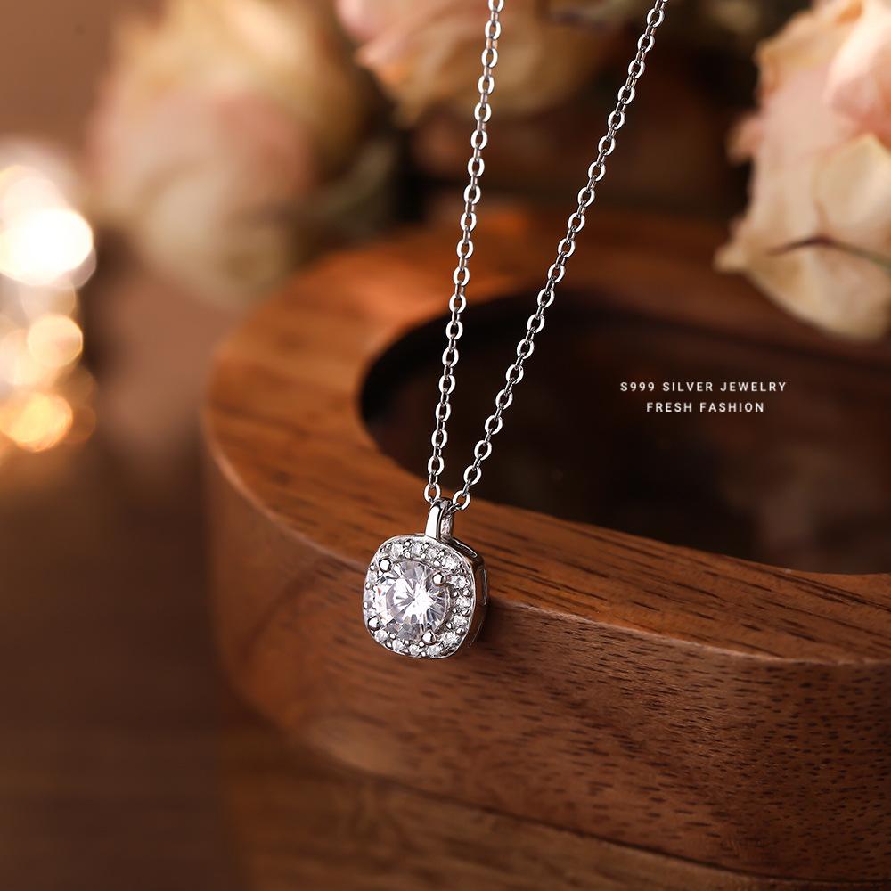 999 Sterling Silver Dainty Zircon Pendant Necklace, Minimalist Sparkling Square Necklace, Elegant Fine Jewelry for Women Gift