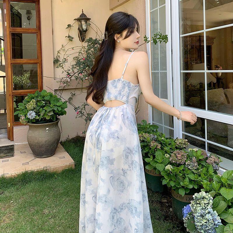 Women's Blue Floral Strappy Dress - French Tea Party, Waist-Cinched, Long Summer Beach Dress
