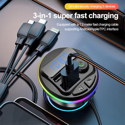 Bluetooth 5.0 FM Transmitter Car Kit MP3 Modulator Player Handsfree Audio Receiver With 3 In 1 Charge Cable for IPhone Huawei