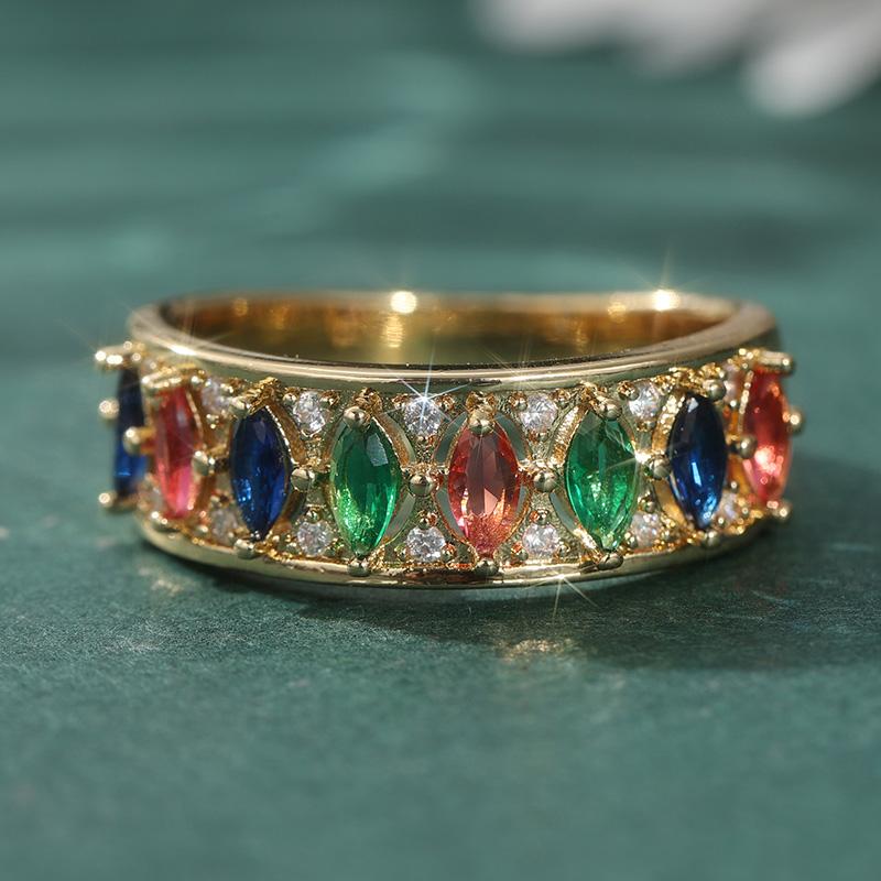 Gorgeous Inlaid Red Green Blue CZ Women's Ring Trendy Gold Color Geometry Daily Wear Party Jewelry Anniversary Gift