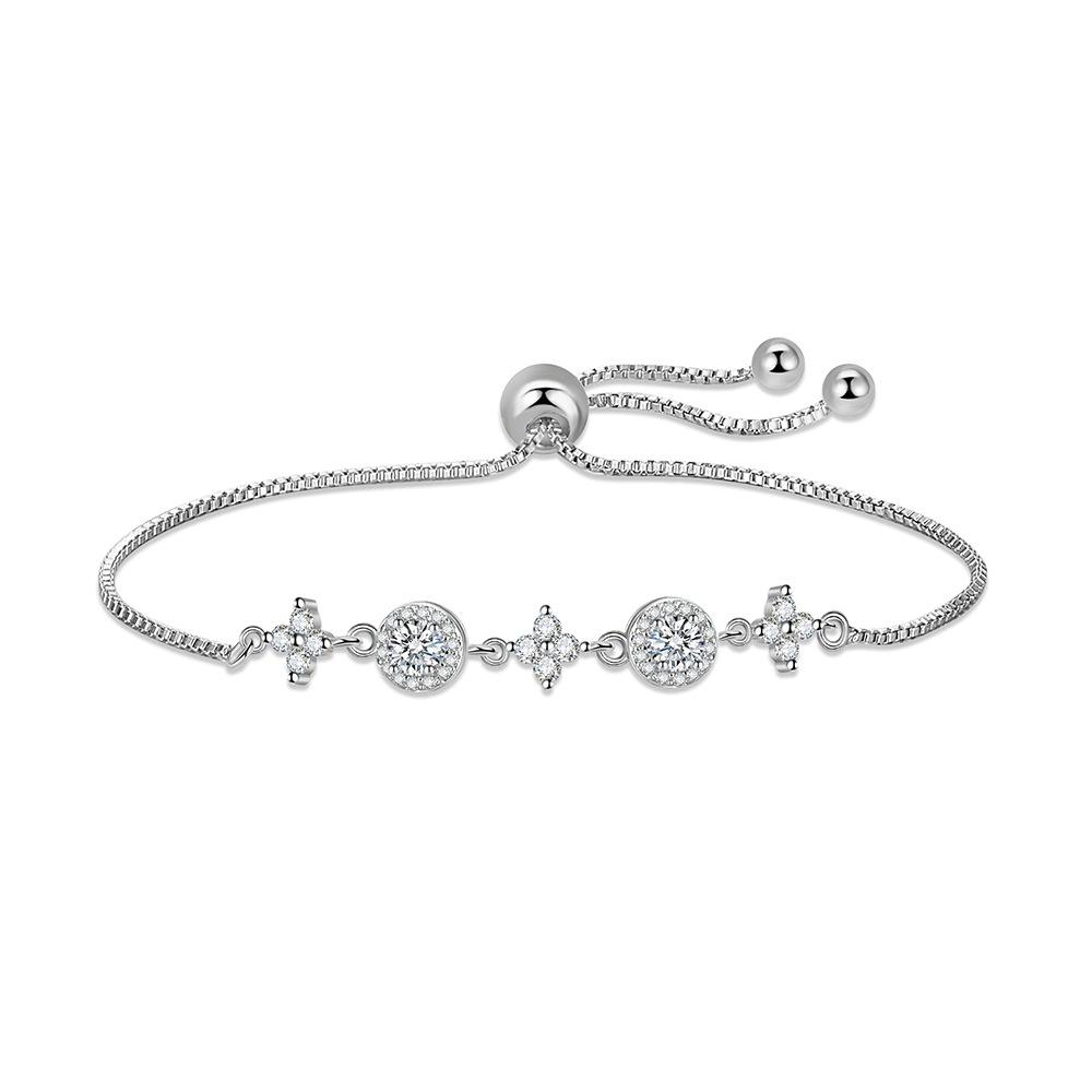 925 Silver Bracelet Four-leaf Round White Zircon Ladies Fashion Simple Birthday Party Wedding Anniversary Jewelry Gift