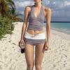 Plaid Color Block Halter Bikini Two-Piece with Sexy Shorts Swimsuit