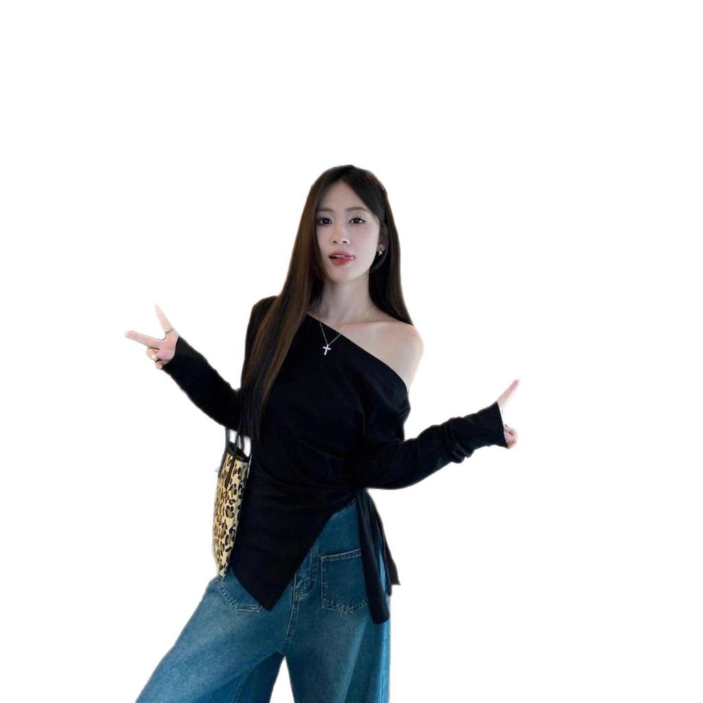 Chic Black One-Shoulder Women's Top - 2025 Autumn Design, Unique Style, Base Layer, Luxurious Feel