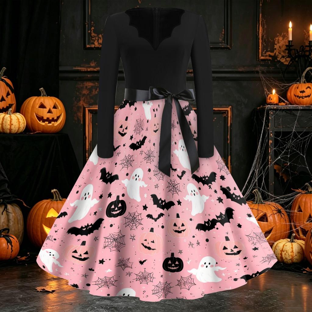 Women's Casual Long Sleeve V Neck Vintage Dress Halloween Print A Line Midi Dress with Waist Tie Belt for Everyday Wear