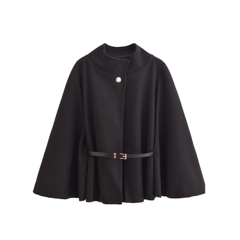 Womens Winter Elegant Wool Blend Cape Coat With Belted Waist Stand Collar