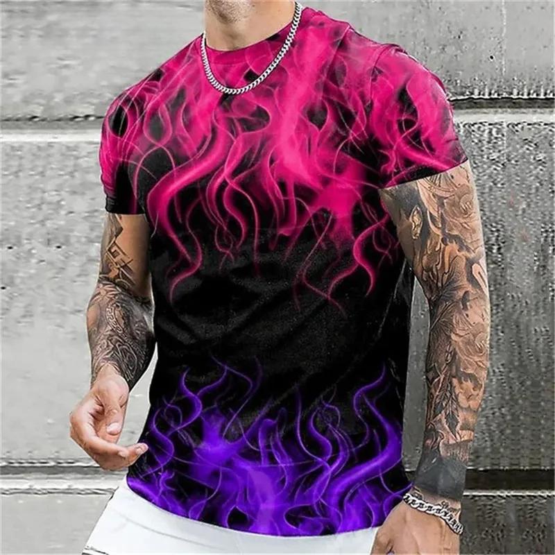Summer Round Neck 3D Colorful Flame Graphic Print Top Fashionable Casual Short Sleeved Men's T-shirts