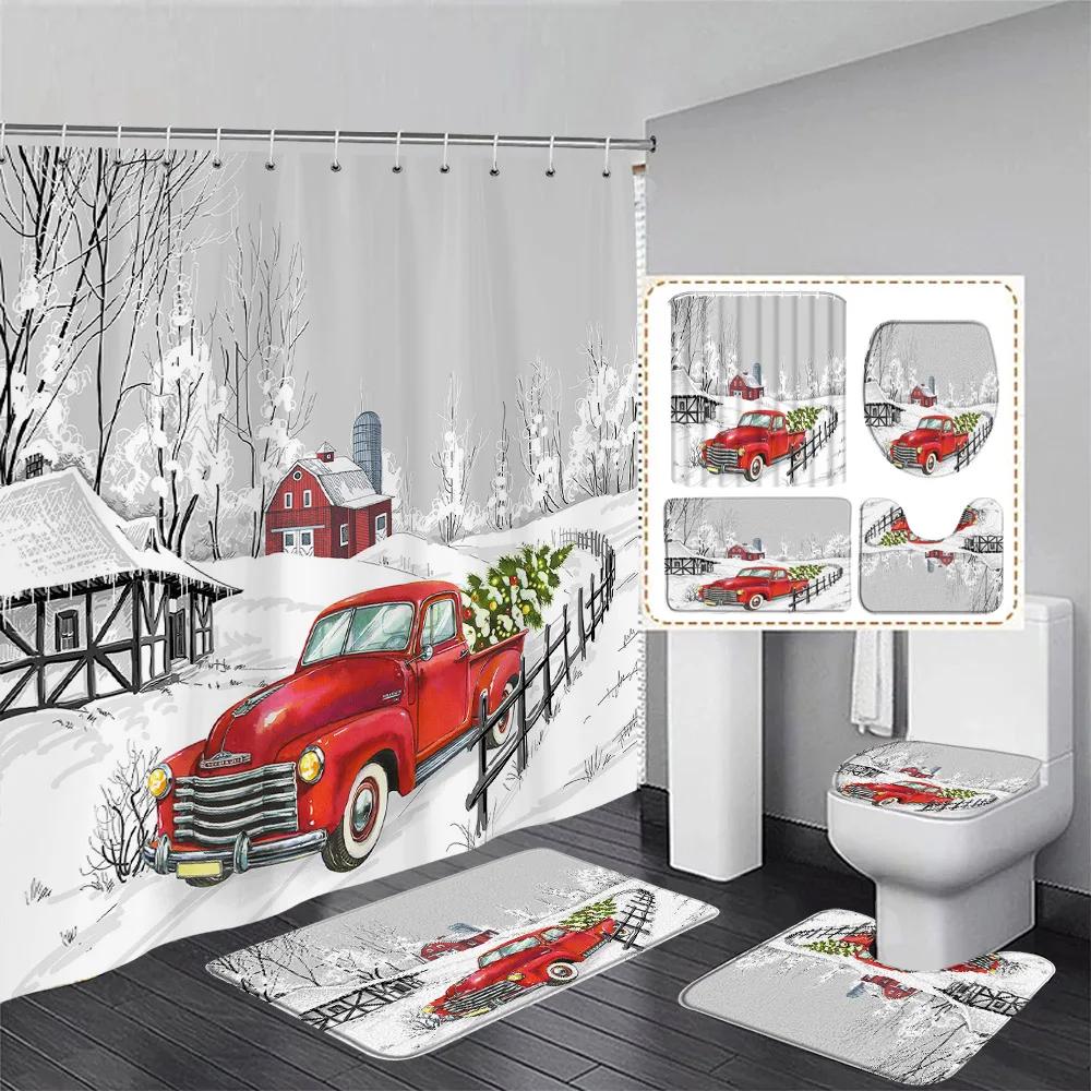 Red Christmas Shower Curtain Set Green Pine Branches Rope Ball Winter New Year Xmas Bathroom Decor Rug Bath Mat Toilet Lid Cover