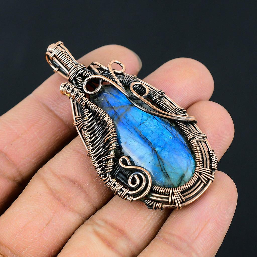 Handmade Labradorite Wire Wrapped Pendant Blue Flash Gemstone Necklace  Antique Copper Jewelry for Women & Men