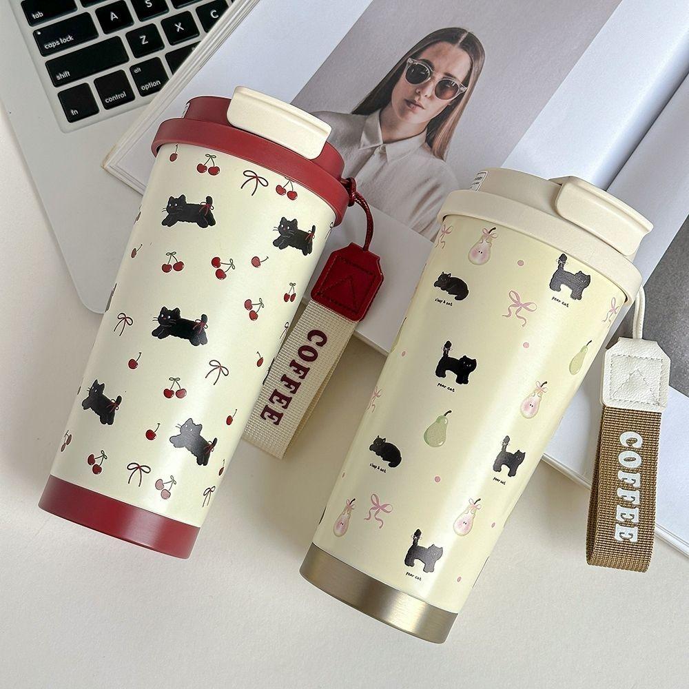 Niedlicher Kirsch-Katzen-Tumbler 500ml Kawaii Wasserflasche Edelstahl Thermobecher mit Strohhalm Tragbares Kaffee-Thermosgefäß für Tee Geschenk