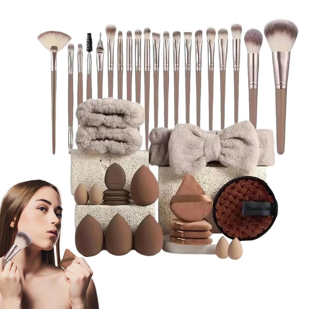 Makeup Brushes and Sponges Set Brown Makeup Puff, Beauty Egg, Headband Wristband Remover Kit Makeup Tool Gift